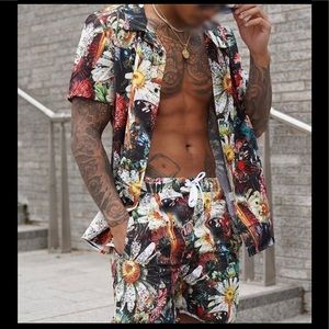 Mens Summer Outfit 2-Piece Set Short Sleeve Shirts and Shorts Sweatsuit Set